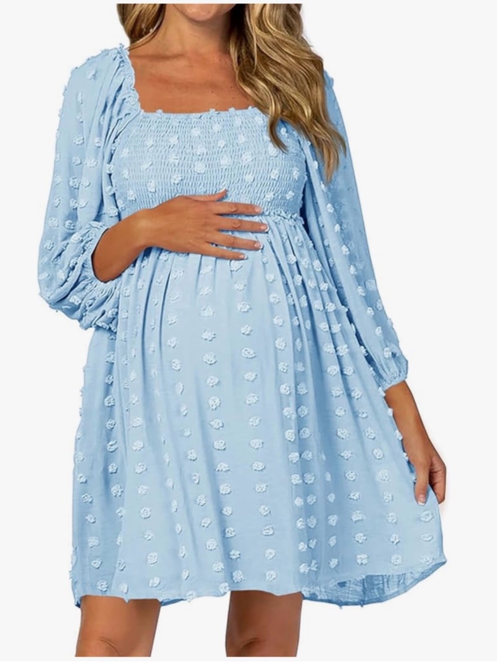 Light Blue Swiss Dot Smocked Maternity Mini Dress